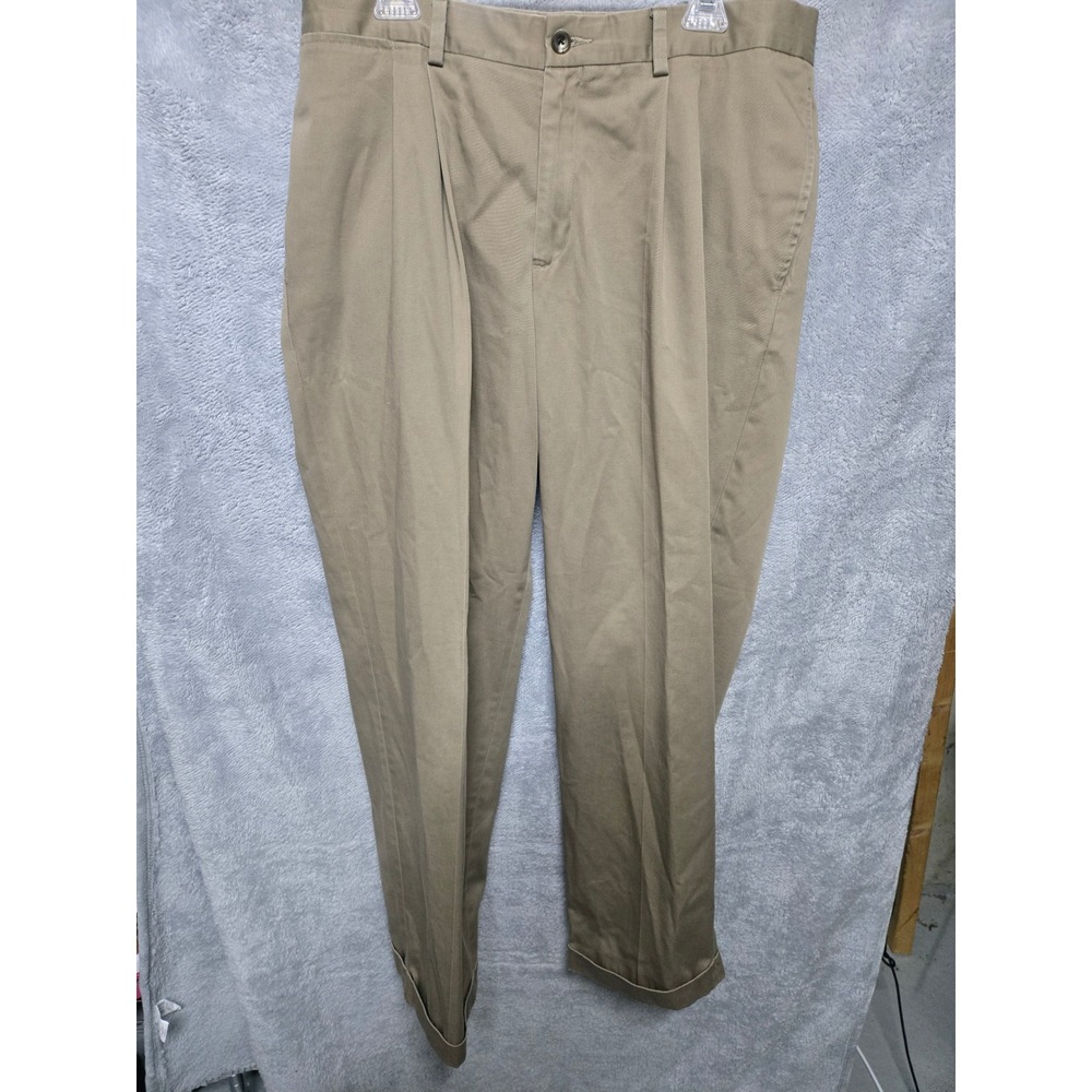 Eddie Bauer Mens Pleated Chino Pants Khaki Tan 100% Cotton Cuffed Hem 35x30